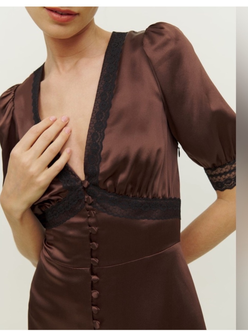 Satin Brown V-Neck Mini Dress with Lace Trim - Picture 3 of 7
